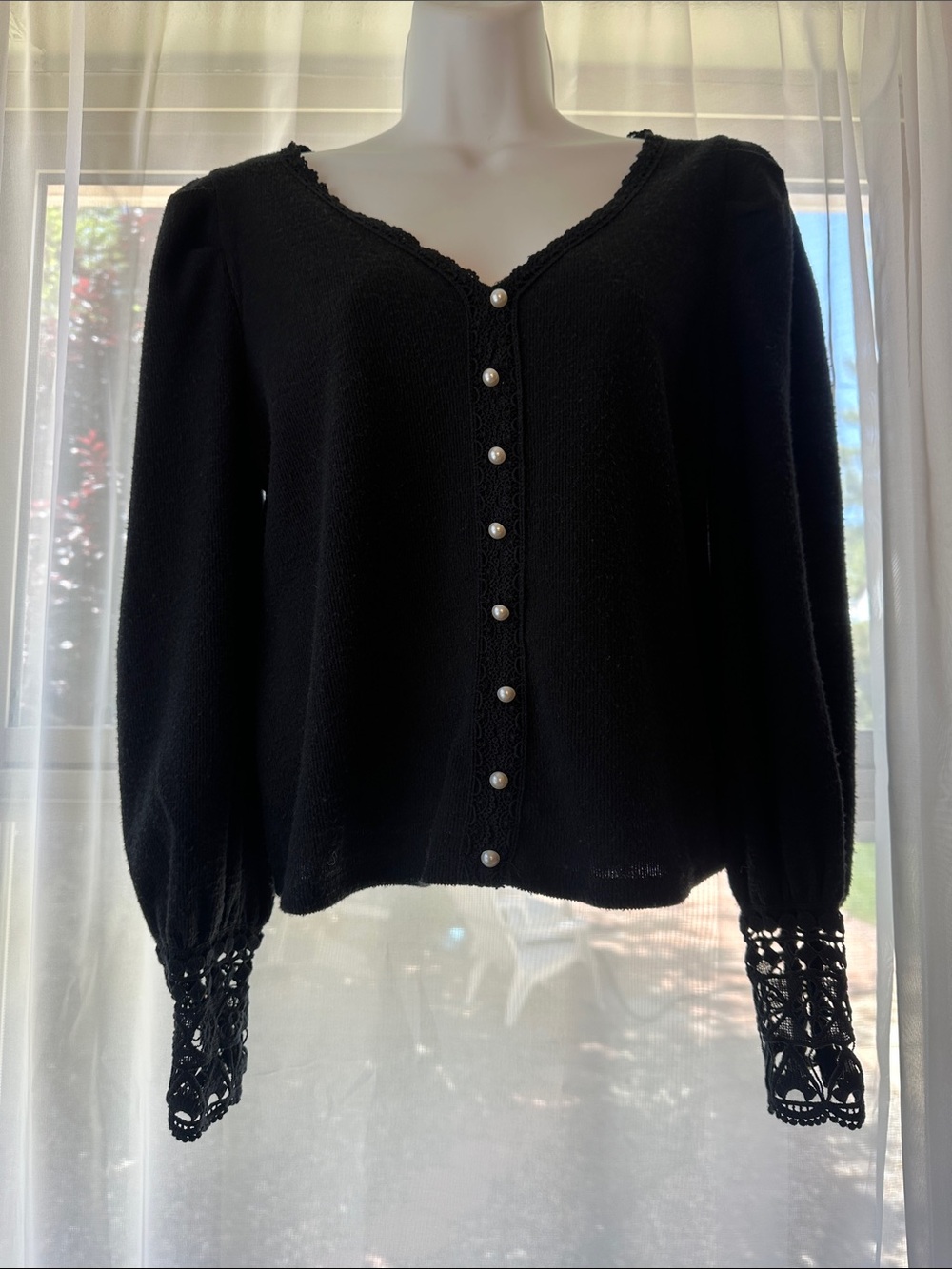 Maurices Black V-Neck Button-Front Sweater with Lace Cuffs
